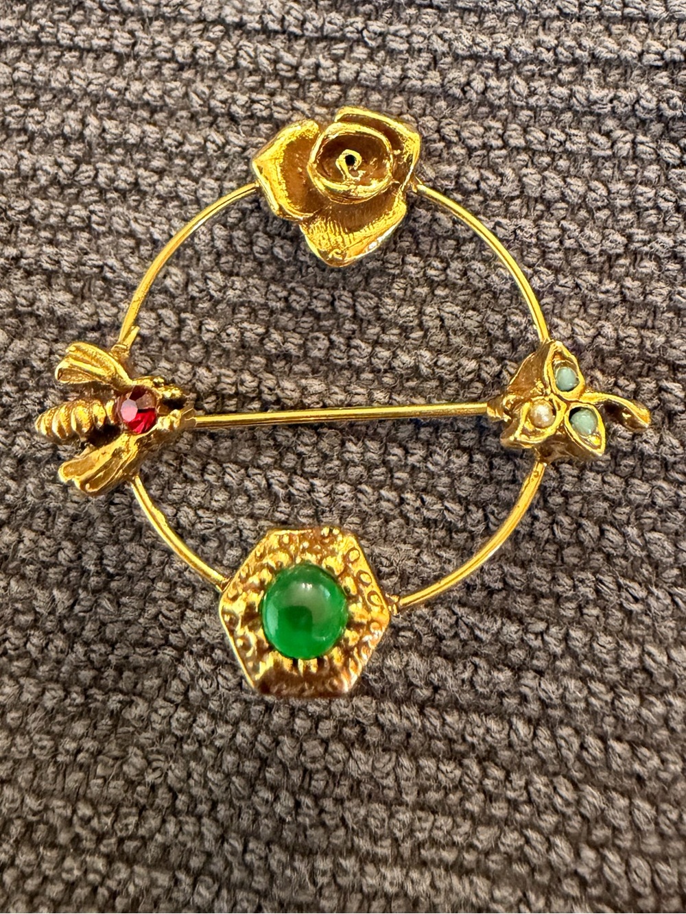 Gold Floral & Bee Circle Brooch with Green and Red Accents